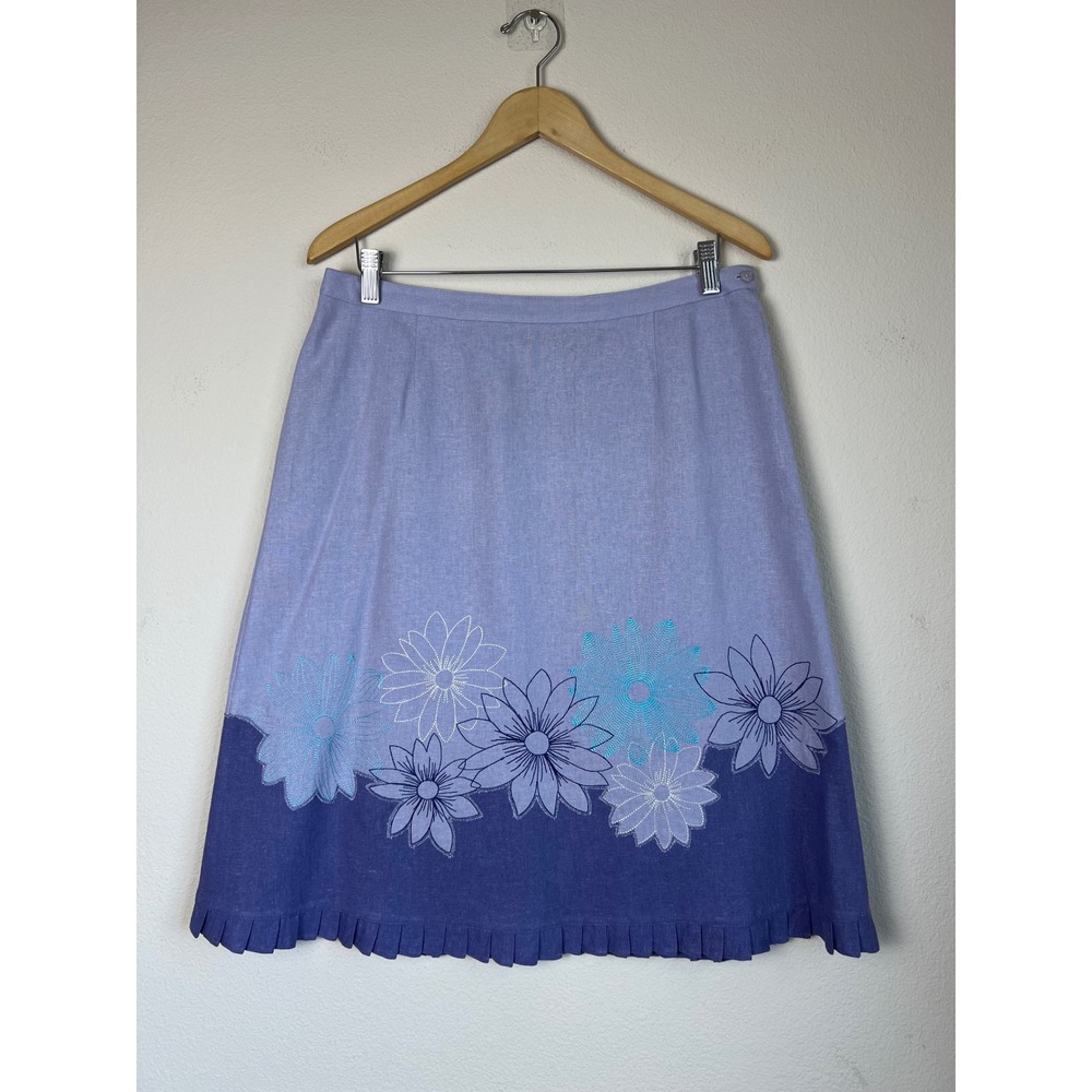 RQT Linen Rayon Floral Garden Party A-Line Skirt Blue‎ Purple Pleated Hem 10 Y2K
